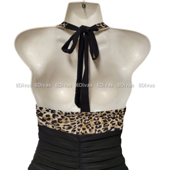 Sexy Halter Evening Dres Bodycon Black Mini Dress Animal Print - Size M - Picture 8 of 16